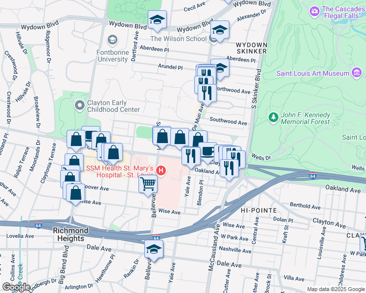 map of restaurants, bars, coffee shops, grocery stores, and more near in Clayton