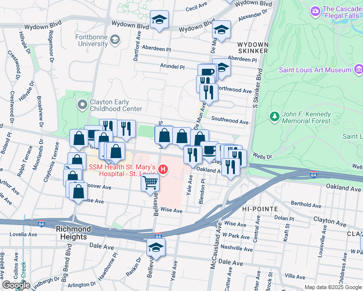 map of restaurants, bars, coffee shops, grocery stores, and more near 6429 Clayton Road in Clayton