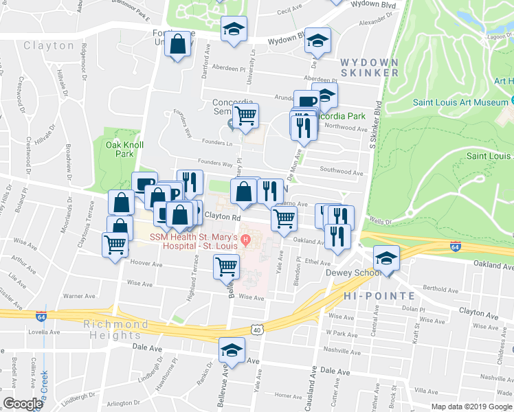 map of restaurants, bars, coffee shops, grocery stores, and more near 6429 Clayton Road in Clayton