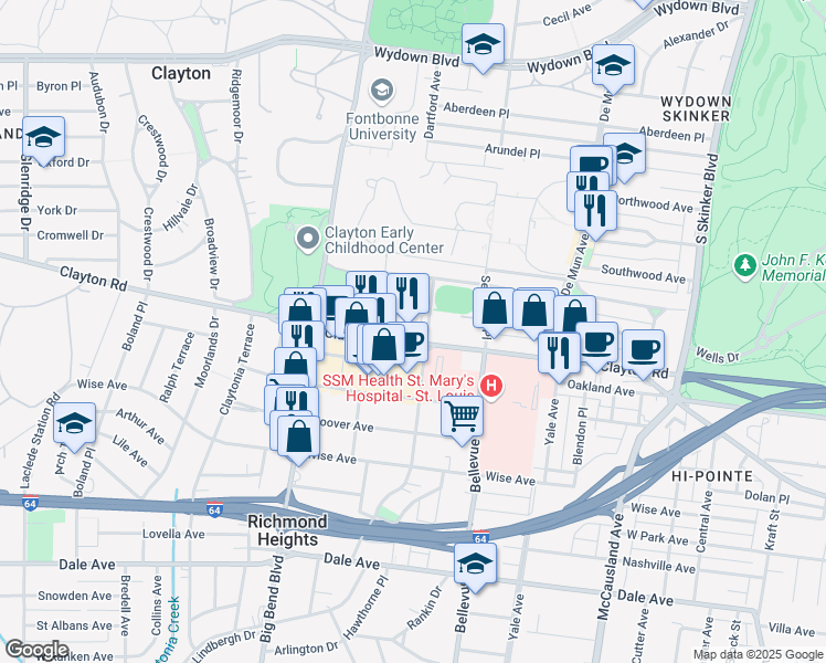 map of restaurants, bars, coffee shops, grocery stores, and more near 6619 Clayton Road in Richmond Heights