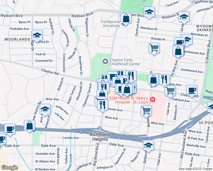 map of restaurants, bars, coffee shops, grocery stores, and more near 6734 Oakland Avenue in Richmond Heights
