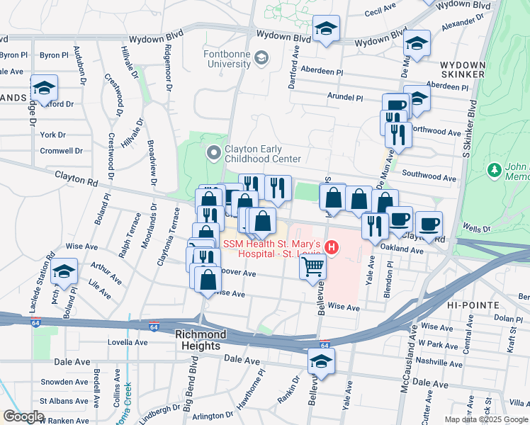 map of restaurants, bars, coffee shops, grocery stores, and more near 6619 Clayton Road in Richmond Heights