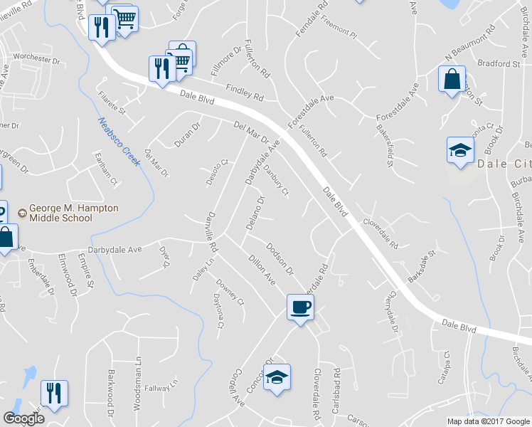 map of restaurants, bars, coffee shops, grocery stores, and more near 3808 Derby Court in Woodbridge