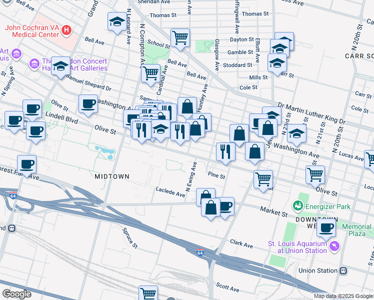 map of restaurants, bars, coffee shops, grocery stores, and more near 2950 Olive St in St Louis