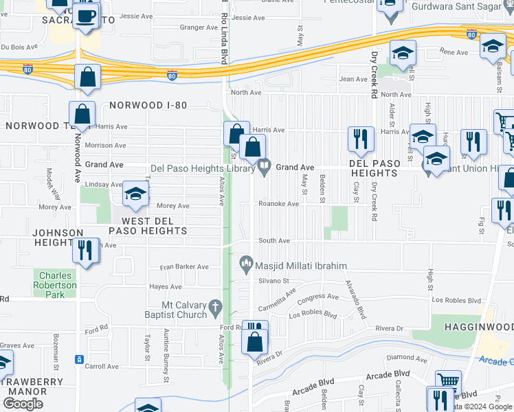 map of restaurants, bars, coffee shops, grocery stores, and more near 3646 Rio Linda Boulevard in Sacramento