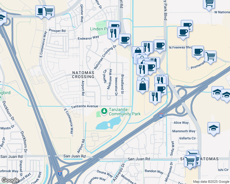 map of restaurants, bars, coffee shops, grocery stores, and more near 3745 Broadland Street in Sacramento