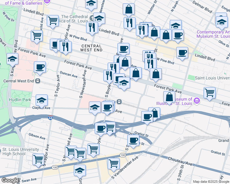map of restaurants, bars, coffee shops, grocery stores, and more near 4240 Duncan Avenue in St. Louis