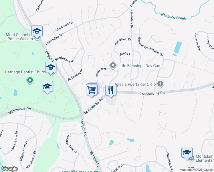 map of restaurants, bars, coffee shops, grocery stores, and more near 14718 Stratford Drive in Woodbridge