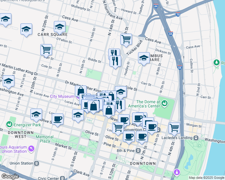 map of restaurants, bars, coffee shops, grocery stores, and more near 1001 North 13th Street in St. Louis