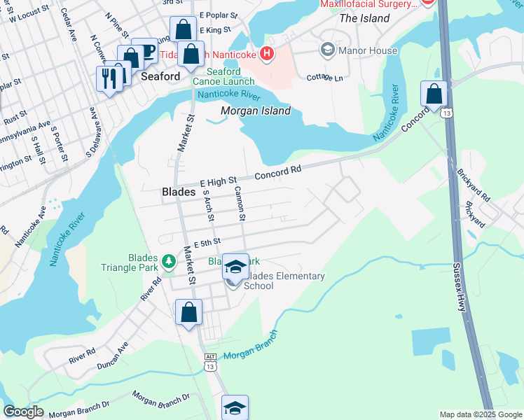 map of restaurants, bars, coffee shops, grocery stores, and more near 207 East 2nd Street in Blades