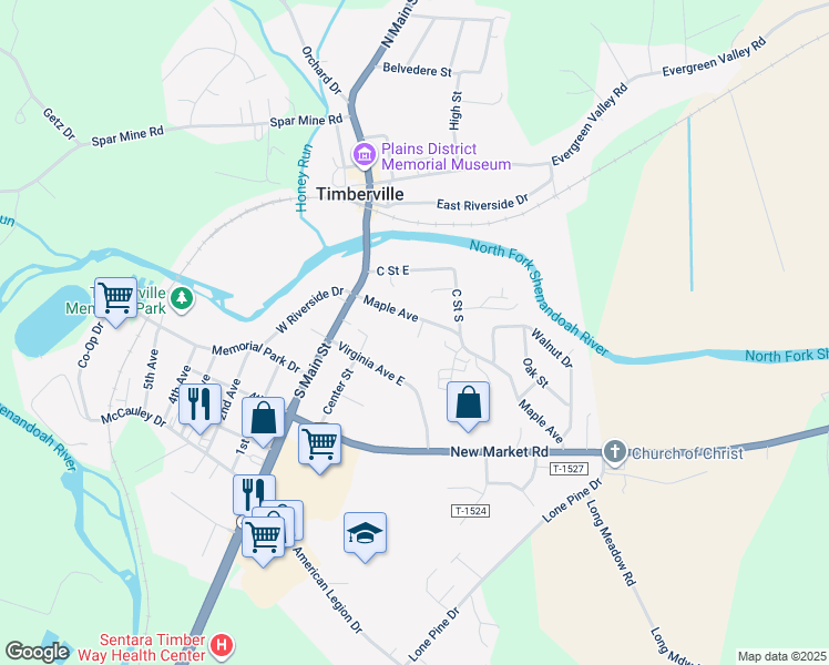 map of restaurants, bars, coffee shops, grocery stores, and more near 140-152 Maple Avenue in Timberville