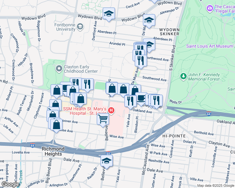 map of restaurants, bars, coffee shops, grocery stores, and more near in Clayton