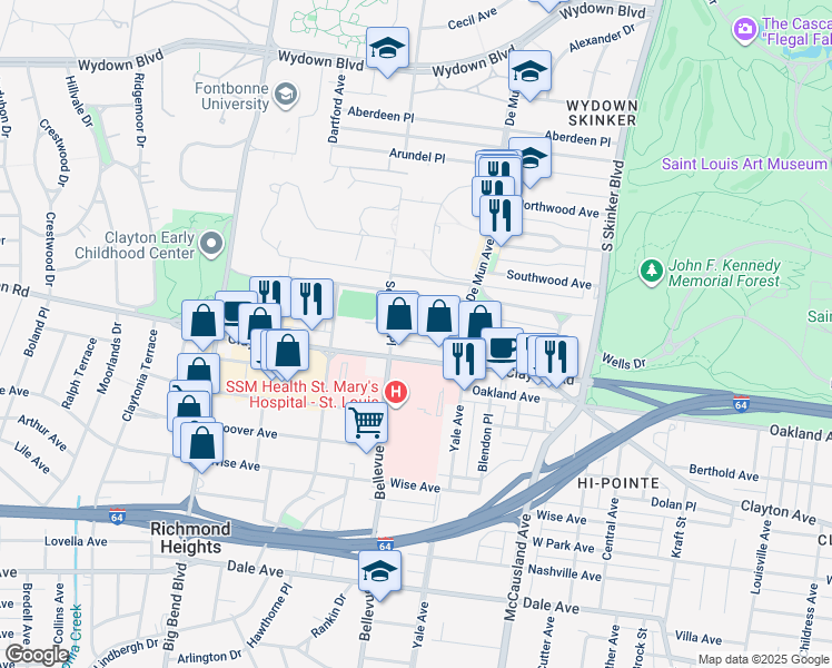 map of restaurants, bars, coffee shops, grocery stores, and more near in Clayton