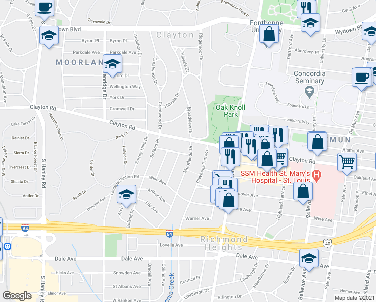 map of restaurants, bars, coffee shops, grocery stores, and more near 7200 Clayton Road in Richmond Heights