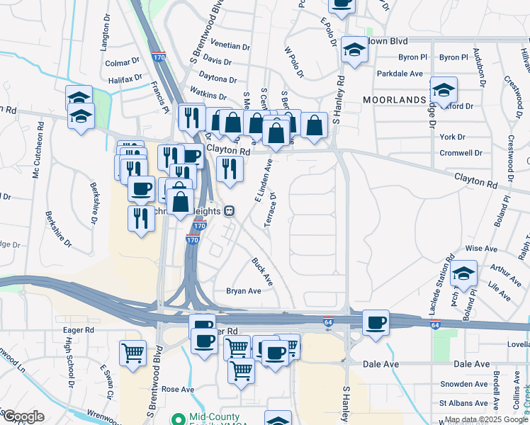 map of restaurants, bars, coffee shops, grocery stores, and more near 1058 East Linden Avenue in Richmond Heights