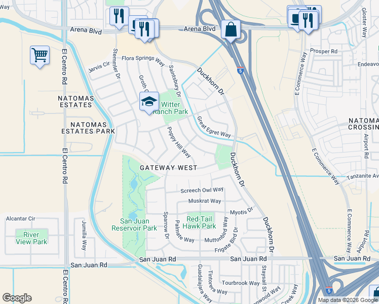 map of restaurants, bars, coffee shops, grocery stores, and more near 3689 Saintsbury Drive in Sacramento