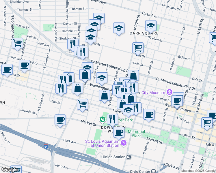 map of restaurants, bars, coffee shops, grocery stores, and more near 700 North 22nd Street in St. Louis