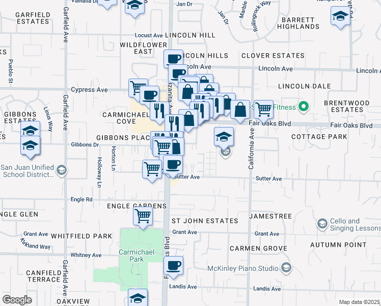 map of restaurants, bars, coffee shops, grocery stores, and more near 5940 Don Way in Carmichael
