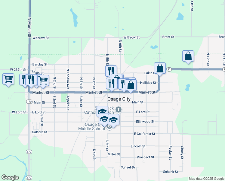 map of restaurants, bars, coffee shops, grocery stores, and more near 508 Market Street in Osage City
