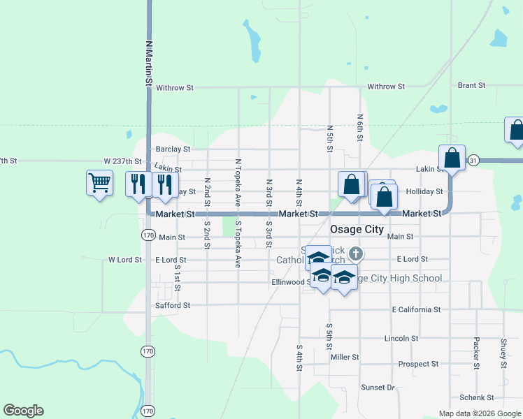 map of restaurants, bars, coffee shops, grocery stores, and more near 281 Holliday Street in Osage City