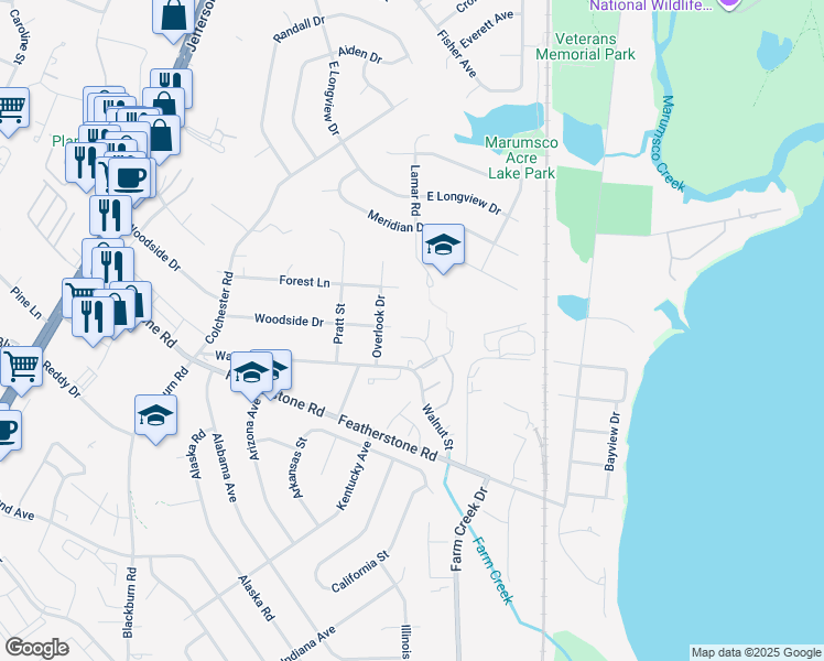 map of restaurants, bars, coffee shops, grocery stores, and more near 1388 Ironwood Street in Woodbridge