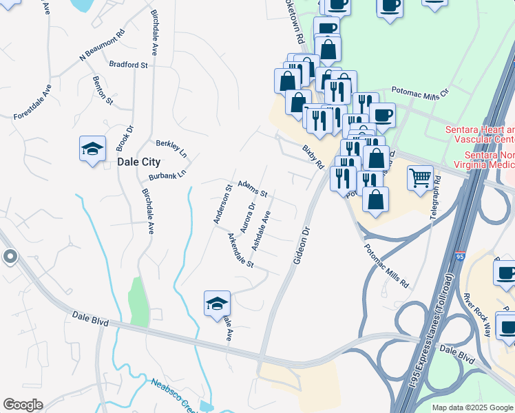 map of restaurants, bars, coffee shops, grocery stores, and more near 14605 Aurora Drive in Woodbridge