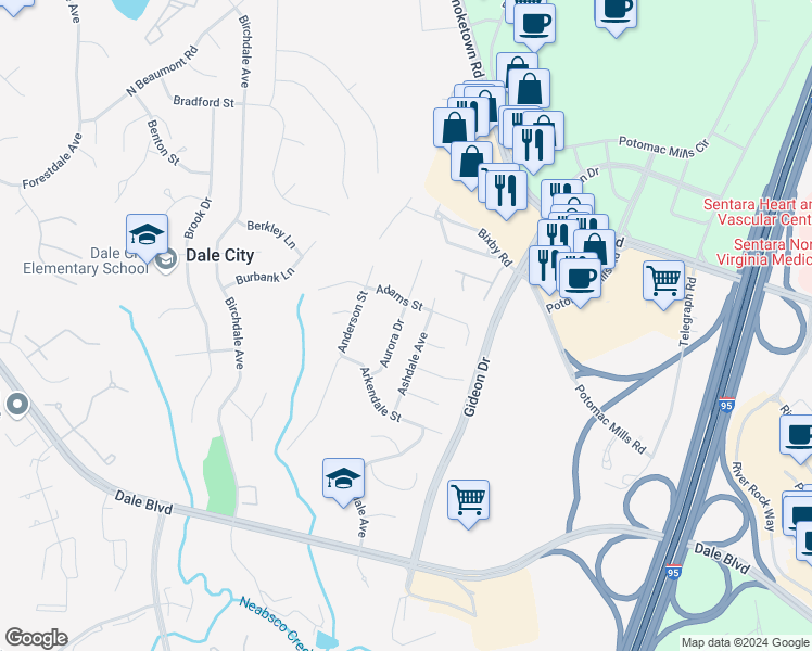 map of restaurants, bars, coffee shops, grocery stores, and more near 14605 Aurora Drive in Woodbridge