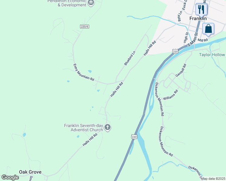 map of restaurants, bars, coffee shops, grocery stores, and more near Entry Mountain Road in Franklin