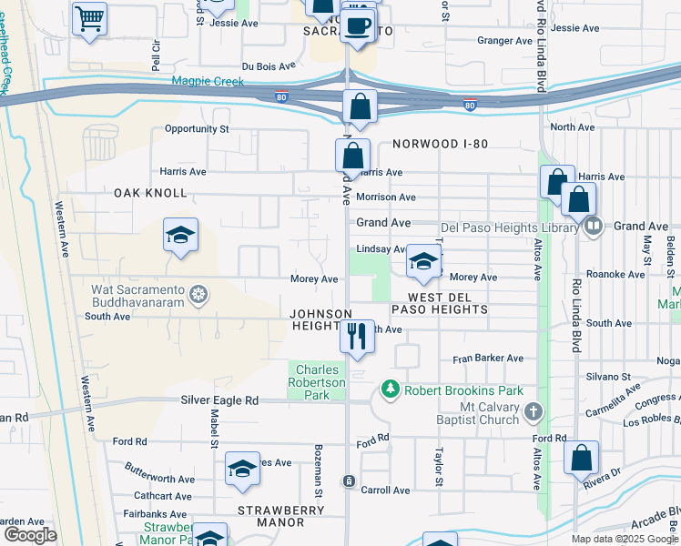 map of restaurants, bars, coffee shops, grocery stores, and more near 411 Lindsay Avenue in Sacramento