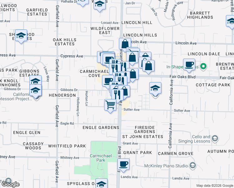 map of restaurants, bars, coffee shops, grocery stores, and more near 5825 Gibbons Drive in Carmichael