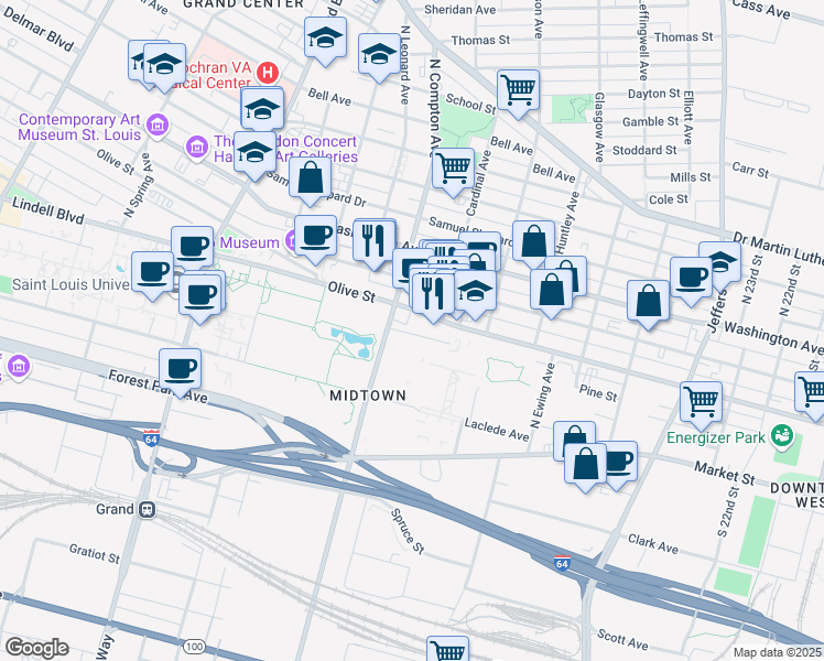 map of restaurants, bars, coffee shops, grocery stores, and more near in St. Louis