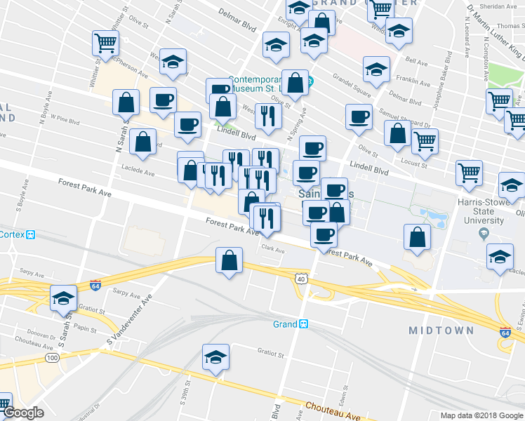 map of restaurants, bars, coffee shops, grocery stores, and more near 3701 Laclede Avenue in St. Louis