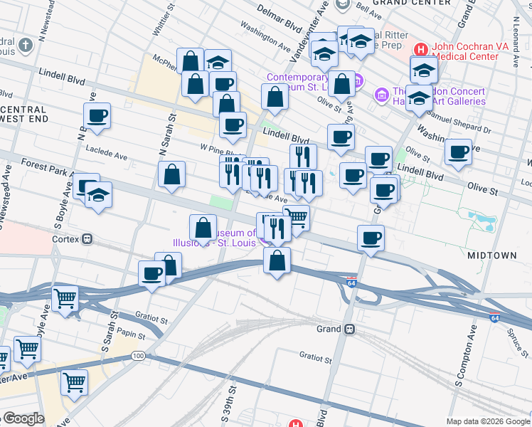 map of restaurants, bars, coffee shops, grocery stores, and more near 3810 Laclede Avenue in St. Louis