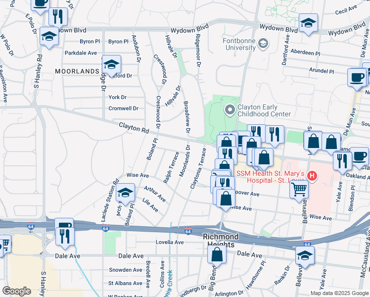 map of restaurants, bars, coffee shops, grocery stores, and more near 7200 Clayton Road in Richmond Heights