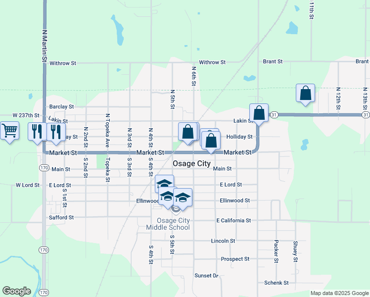 map of restaurants, bars, coffee shops, grocery stores, and more near 115 N 6th St in Osage City