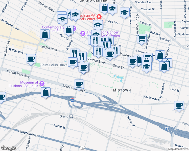 map of restaurants, bars, coffee shops, grocery stores, and more near 3501 Laclede Avenue in St. Louis