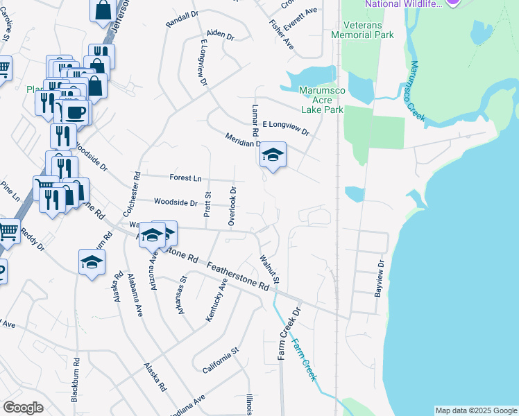 map of restaurants, bars, coffee shops, grocery stores, and more near 14644 Ponderosa Court in Woodbridge