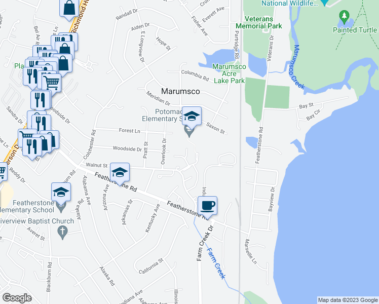 map of restaurants, bars, coffee shops, grocery stores, and more near 14641 Ponderosa Court in Woodbridge