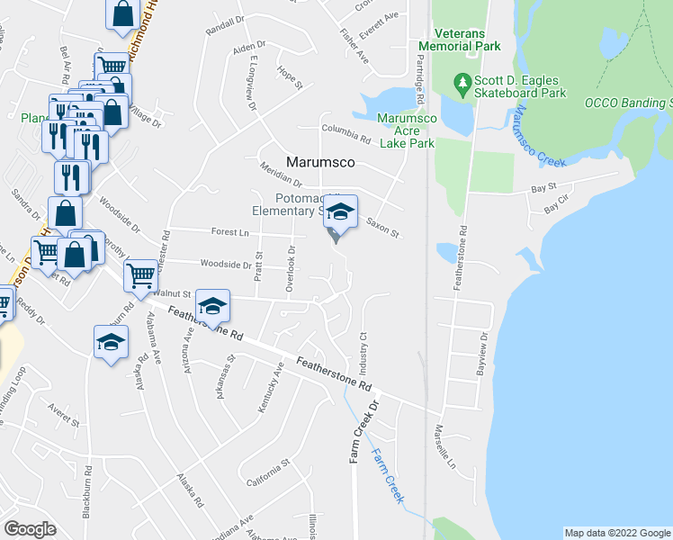 map of restaurants, bars, coffee shops, grocery stores, and more near 14641 Ponderosa Court in Woodbridge