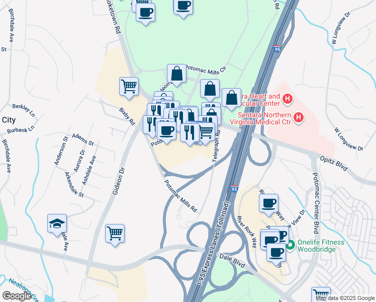 map of restaurants, bars, coffee shops, grocery stores, and more near 14517 Potomac Mills Road in Woodbridge
