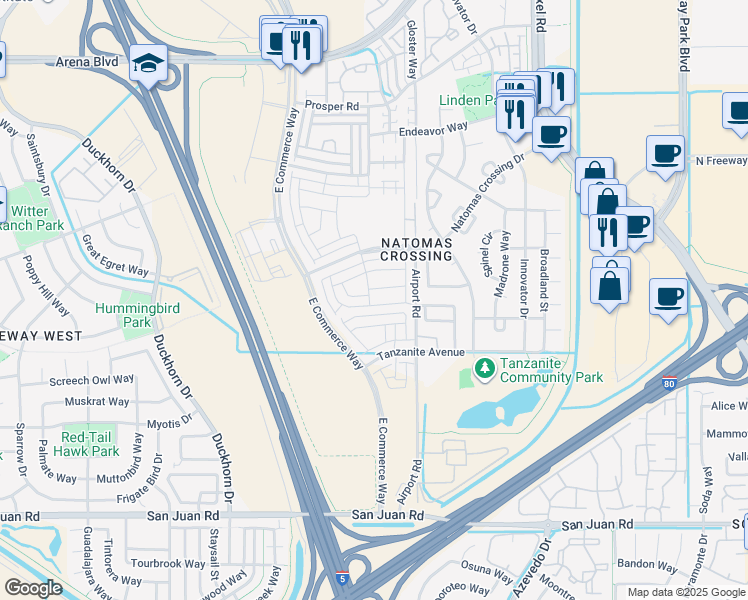 map of restaurants, bars, coffee shops, grocery stores, and more near 2508 Curlicue Alley in Sacramento