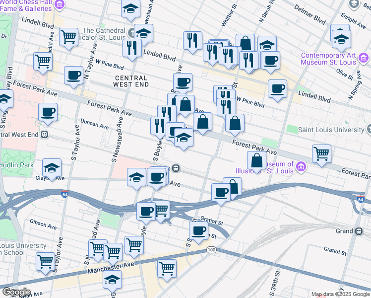 map of restaurants, bars, coffee shops, grocery stores, and more near 4200 Duncan Avenue in St. Louis