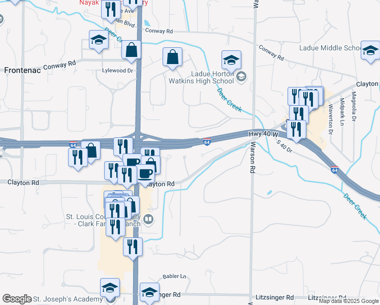 map of restaurants, bars, coffee shops, grocery stores, and more near 32 Eversdale Court in Saint Louis