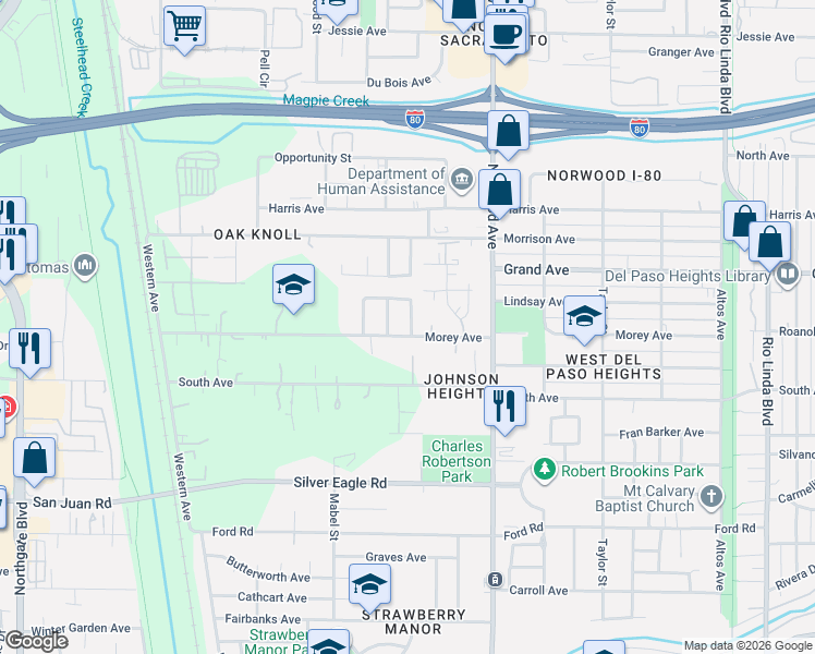 map of restaurants, bars, coffee shops, grocery stores, and more near 3712 Laverton Way in Sacramento