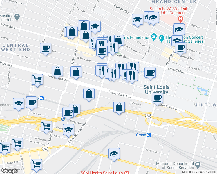 map of restaurants, bars, coffee shops, grocery stores, and more near 3848 Laclede Avenue in St. Louis