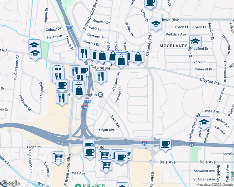 map of restaurants, bars, coffee shops, grocery stores, and more near 1058 East Linden Avenue in Richmond Heights