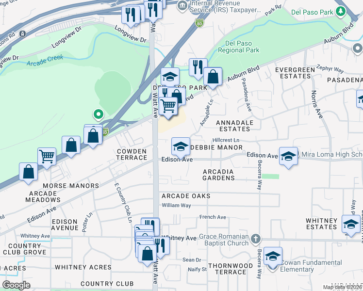 map of restaurants, bars, coffee shops, grocery stores, and more near 3821 Annadale Lane in Sacramento