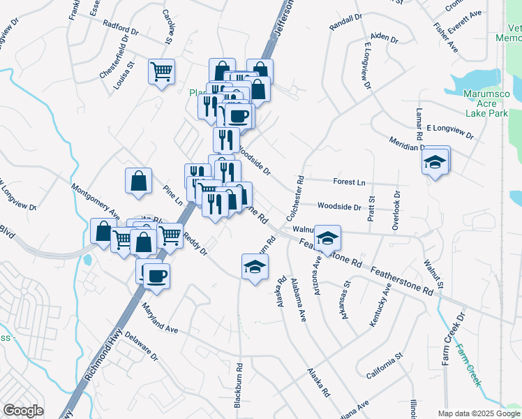 map of restaurants, bars, coffee shops, grocery stores, and more near 1714 Featherstone Road in Woodbridge