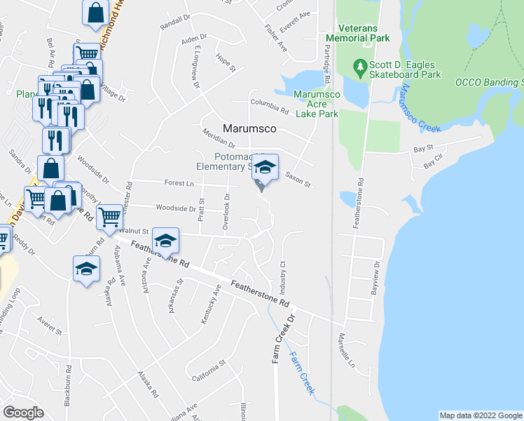 map of restaurants, bars, coffee shops, grocery stores, and more near 14637 Ponderosa Court in Woodbridge