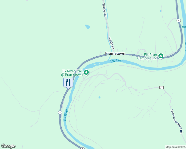 map of restaurants, bars, coffee shops, grocery stores, and more near 223 Frametown Road in Frametown